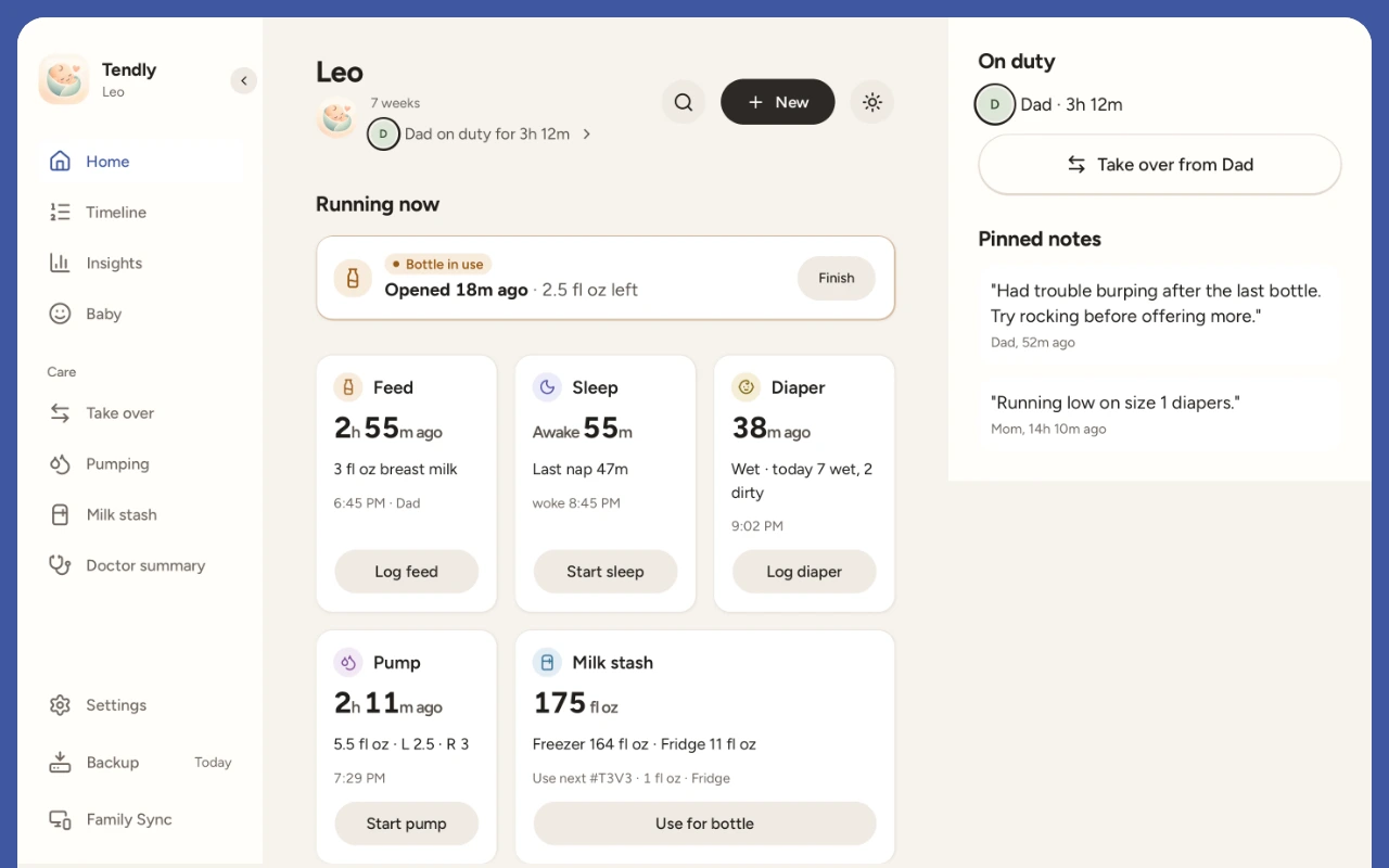 Tendly Home screen for the demo baby Leo: a bottle in use, the time since the last feed, sleep, diaper and pump, the milk stash, Dad on duty and the pinned notes