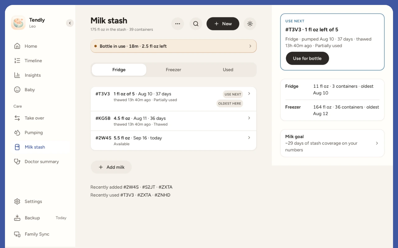The Milk stash screen in Tendly: fridge containers with their amounts and dates, the container to use next, and the fridge and freezer totals